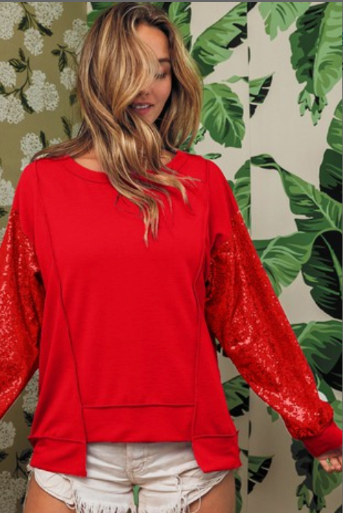 Red Sequin Sleeve Top