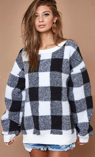 Black Check Sherpa Pullover